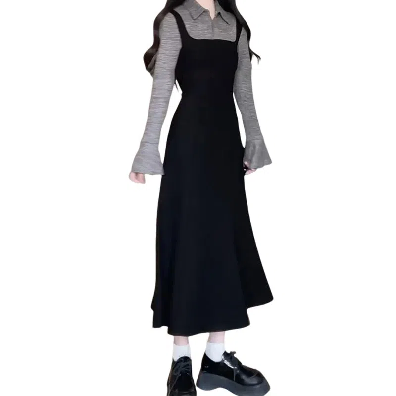 兰缪 高级感法式气质长裙韩系假两件长袖连衣裙 女款