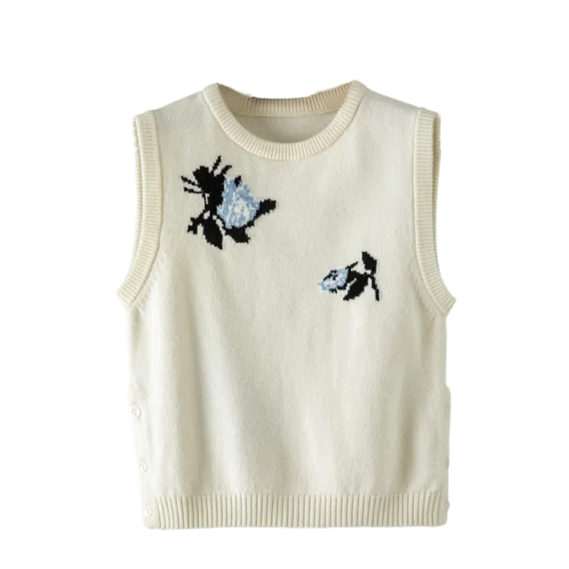 晚白 清新花朵圆领百搭无袖背心针织衫 女款