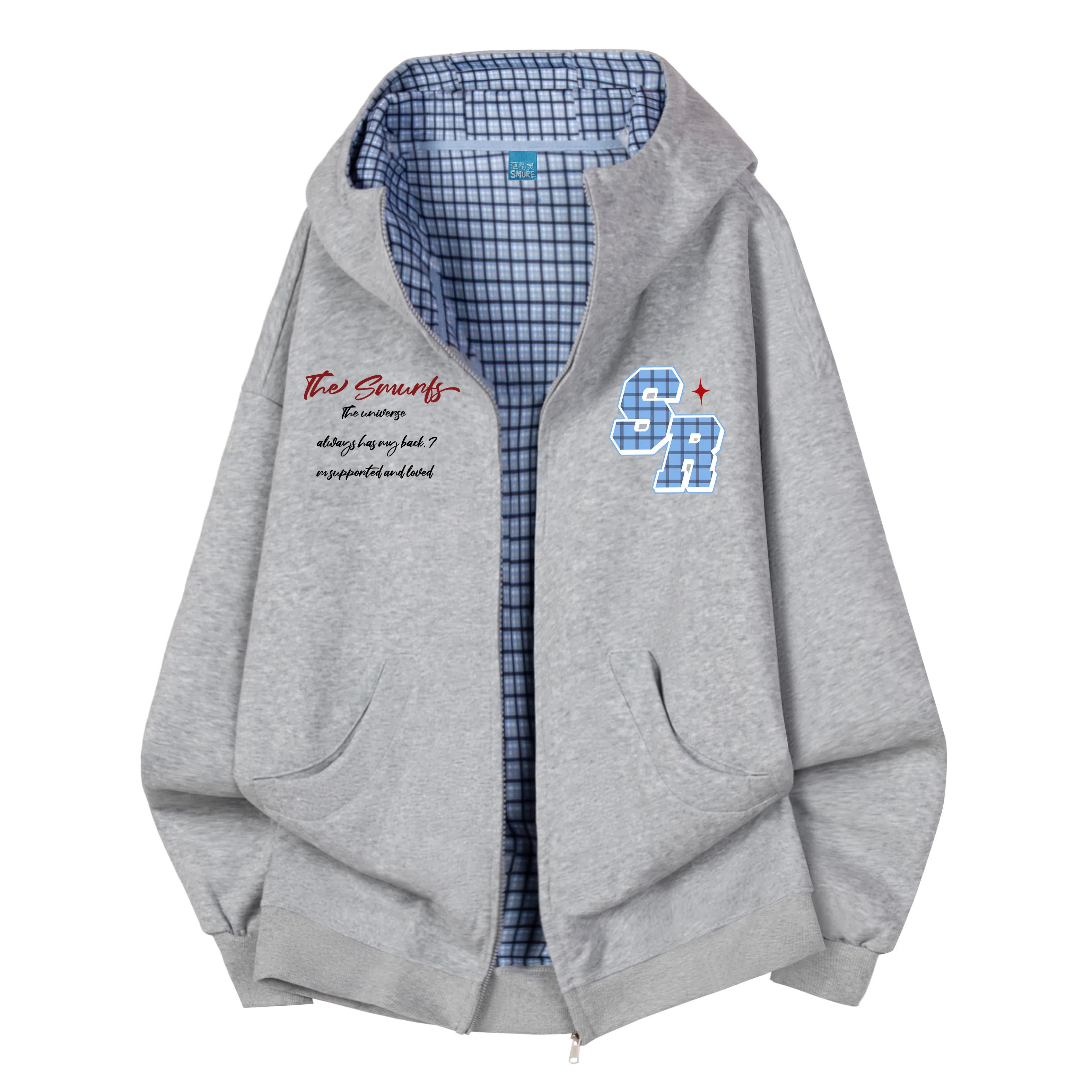 【Cleanfit棋盘格】蓝精灵 美式街头风创意字母印花个性设计重磅开衫连帽撞色外套宽松百搭拉链卫衣 男女同款