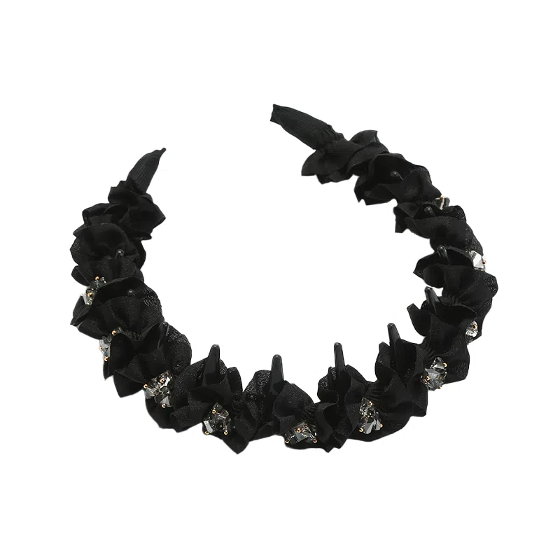 如花梦 高级感水钻黑色褶皱高颅顶头箍带齿防滑 亚克力 发箍 女款