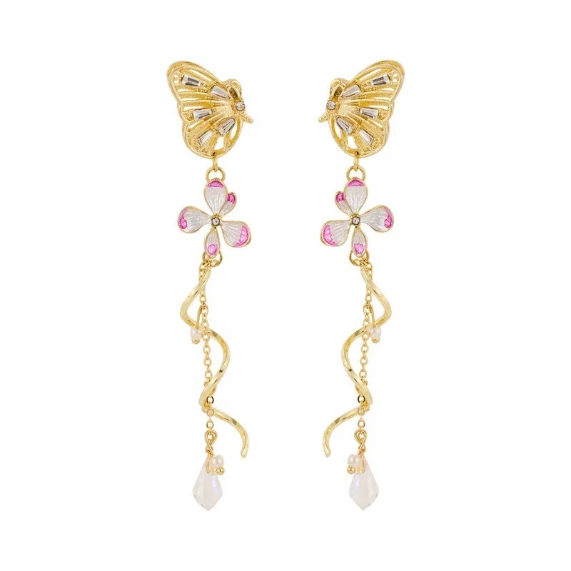 彤彤兔 梦幻不对称蝴蝶花朵耳环女复古耳坠超仙耳饰品#好运 合金树脂 耳钉 女款