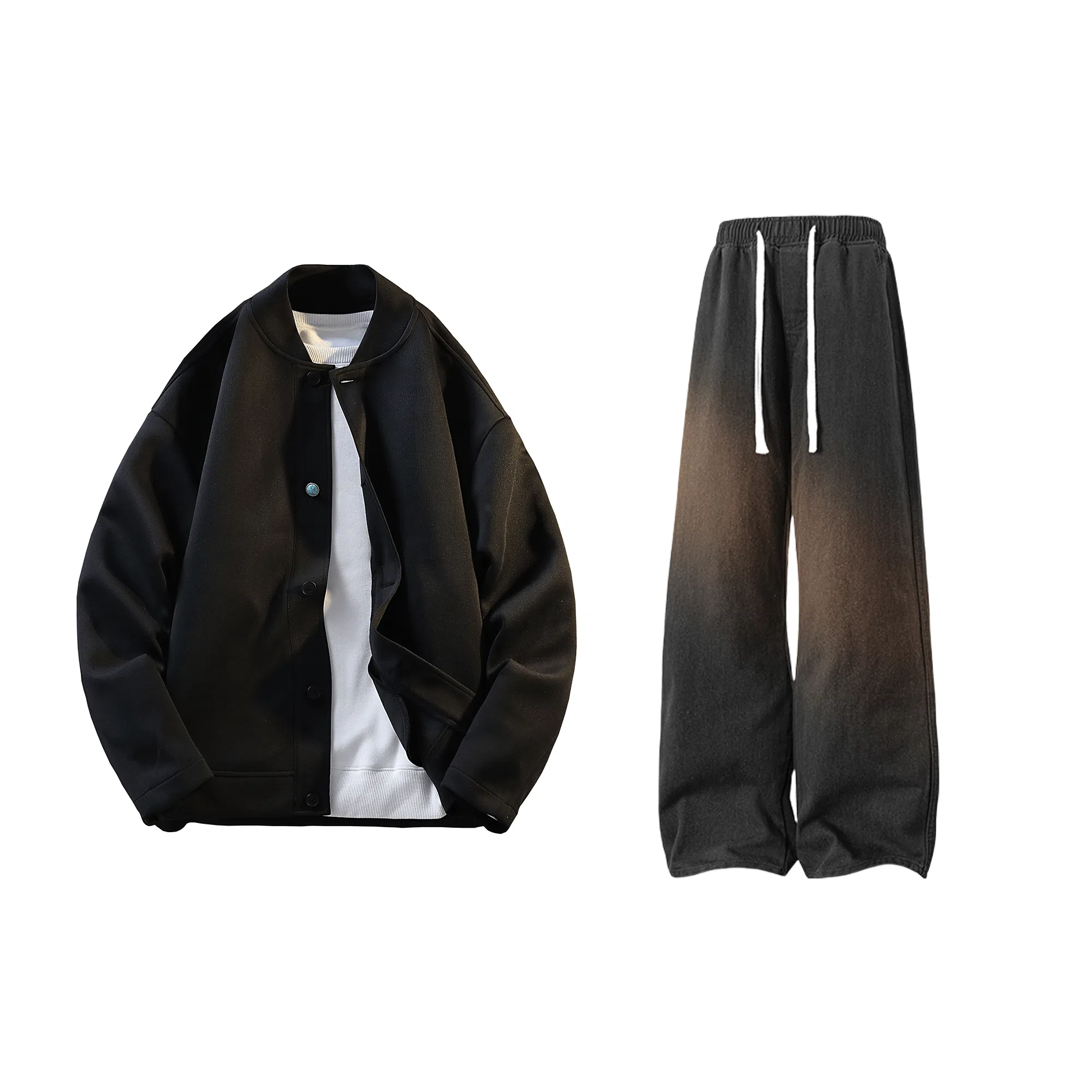 【纯色棒球领开衫牛仔裤一套】布客行 美式长袖开襟外套法式慵懒风百搭舒适学院风抽绳水洗复古做旧简约高街休闲卫衣套装 男女同款