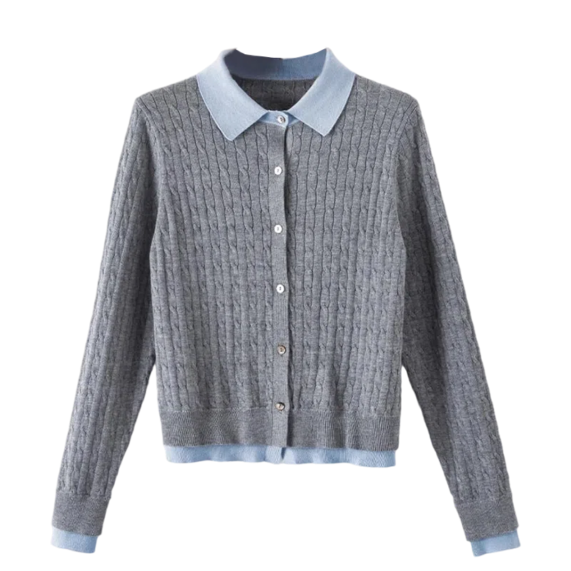 晚白 假两件亲肤韩系翻领百搭针织衫 女款