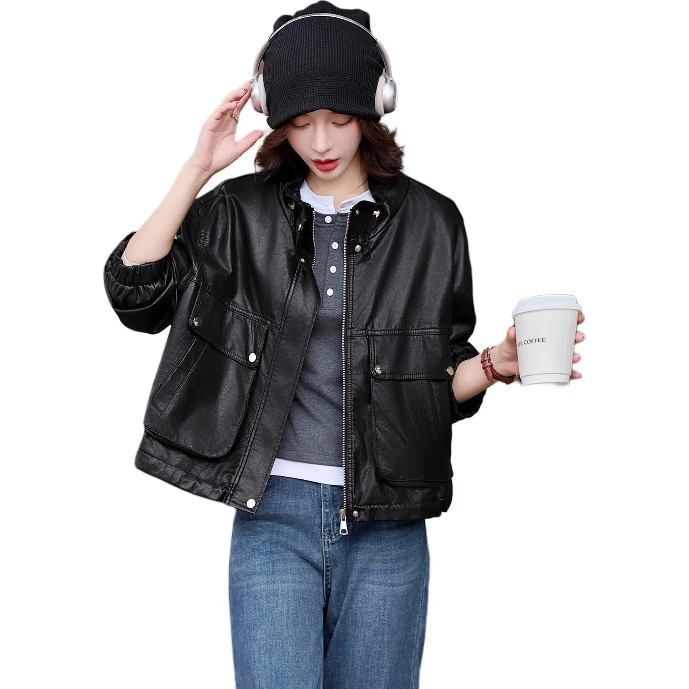 袋鼠 韩系别致御姐风又酷又飒立领外套皮衣 女款