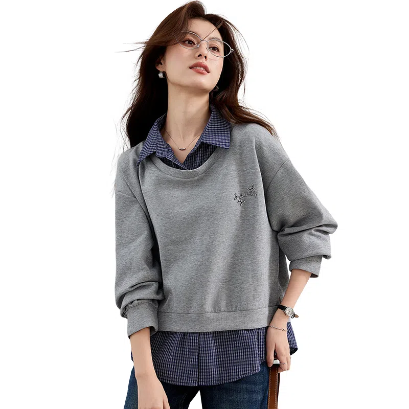 VICTORIA&VERA Plaid Shirt Collar Sweatshirt