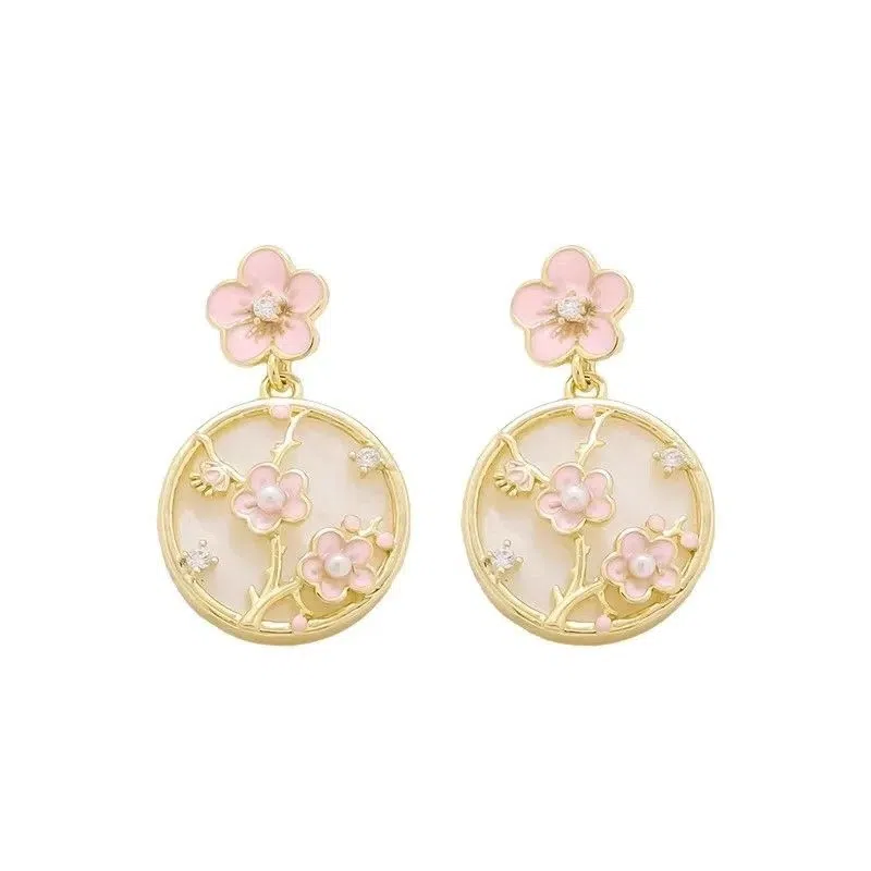 彤彤兔 新中式国风花朵粉色耳环女优雅古风气质耳饰品 合金 耳钉 女款