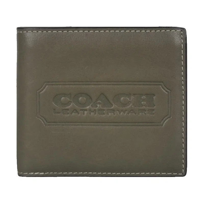 COACH 10 Logo Embossed Leather Bi-Fold Wallet Military Green