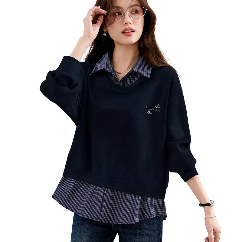 VICTORIA&VERA Plaid Shirt Collar Sweatshirt