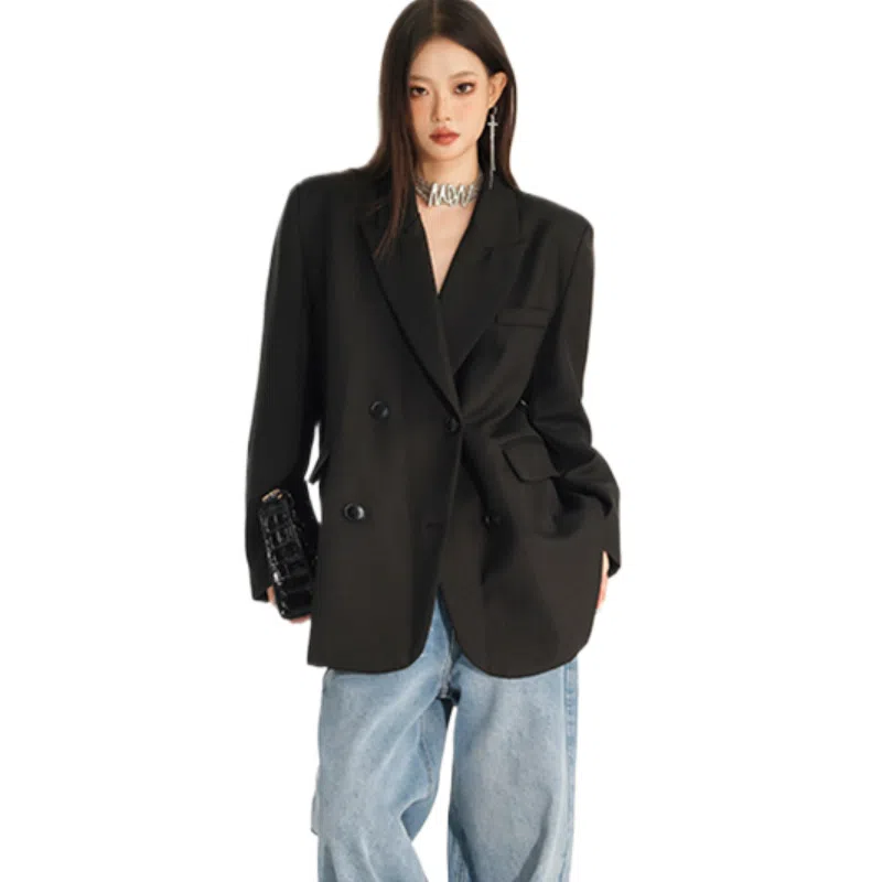 兰缪 休闲风格高级气质双排扣经典戗驳领长袖宽松复古女外套西装 女款