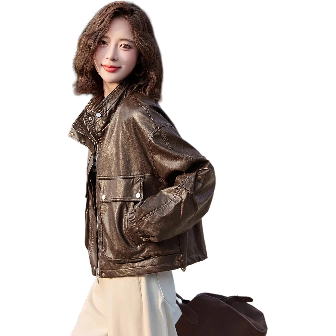 袋鼠 韩系别致御姐风又酷又飒立领外套皮衣 女款