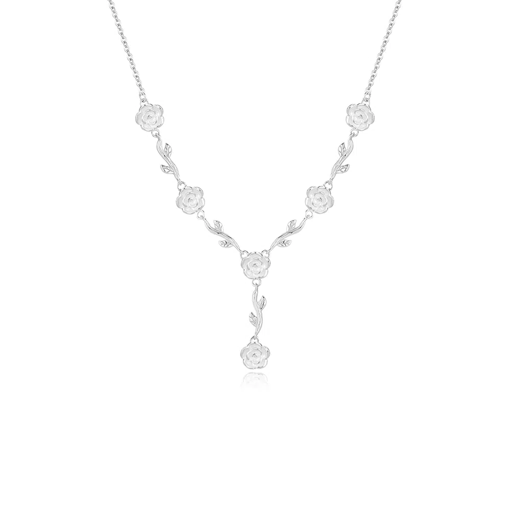 【999足银纯银 玫瑰花语】 福韵金 六桂福 浪漫中式国潮轻奢精致高级立体花朵温柔甜美森系小清新百搭锁骨链 银 项链 女款