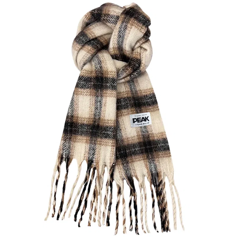 匹克 秋冬高颜值千鸟格流苏亲肤软糯英伦风加厚保暖 聚酯纤维 绒线围巾 男女同款情侣款