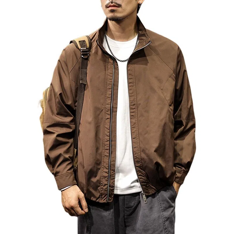 路杰邦 美式复古工装外套男秋季宽松立领休闲咖色防风机车潮牌夹克 男款