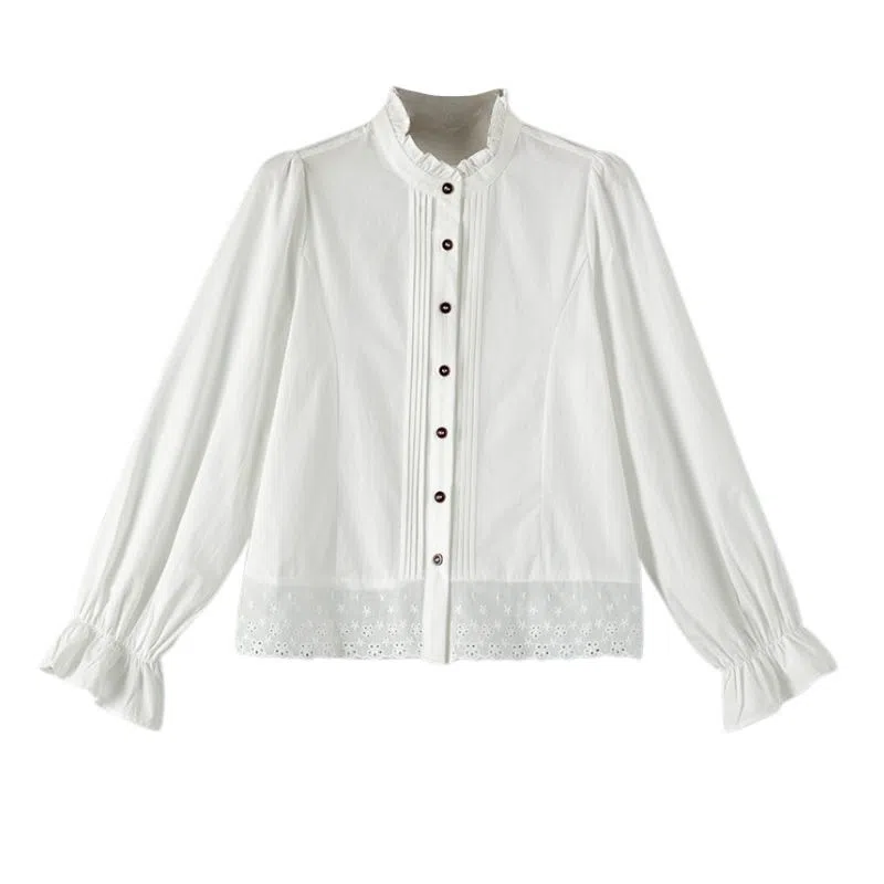 晚白 花边袖法式半高领镂空拼接衬衫 女款
