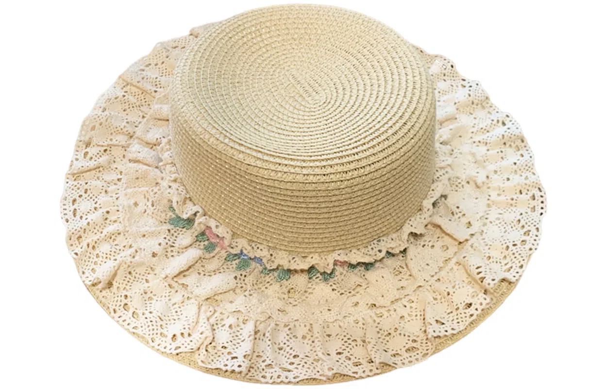 优幽兰 法式洛丽塔花朵蕾丝边草帽女时尚百搭高级感大帽檐平顶礼帽海边沙滩出游遮阳帽甜美 纤维素材料 防晒帽 女款