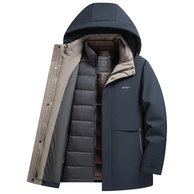 鸭鸭 三合一系列 中老年纯色商务休闲可拆卸帽短款户外防风保暖厚款羽绒服外套 男