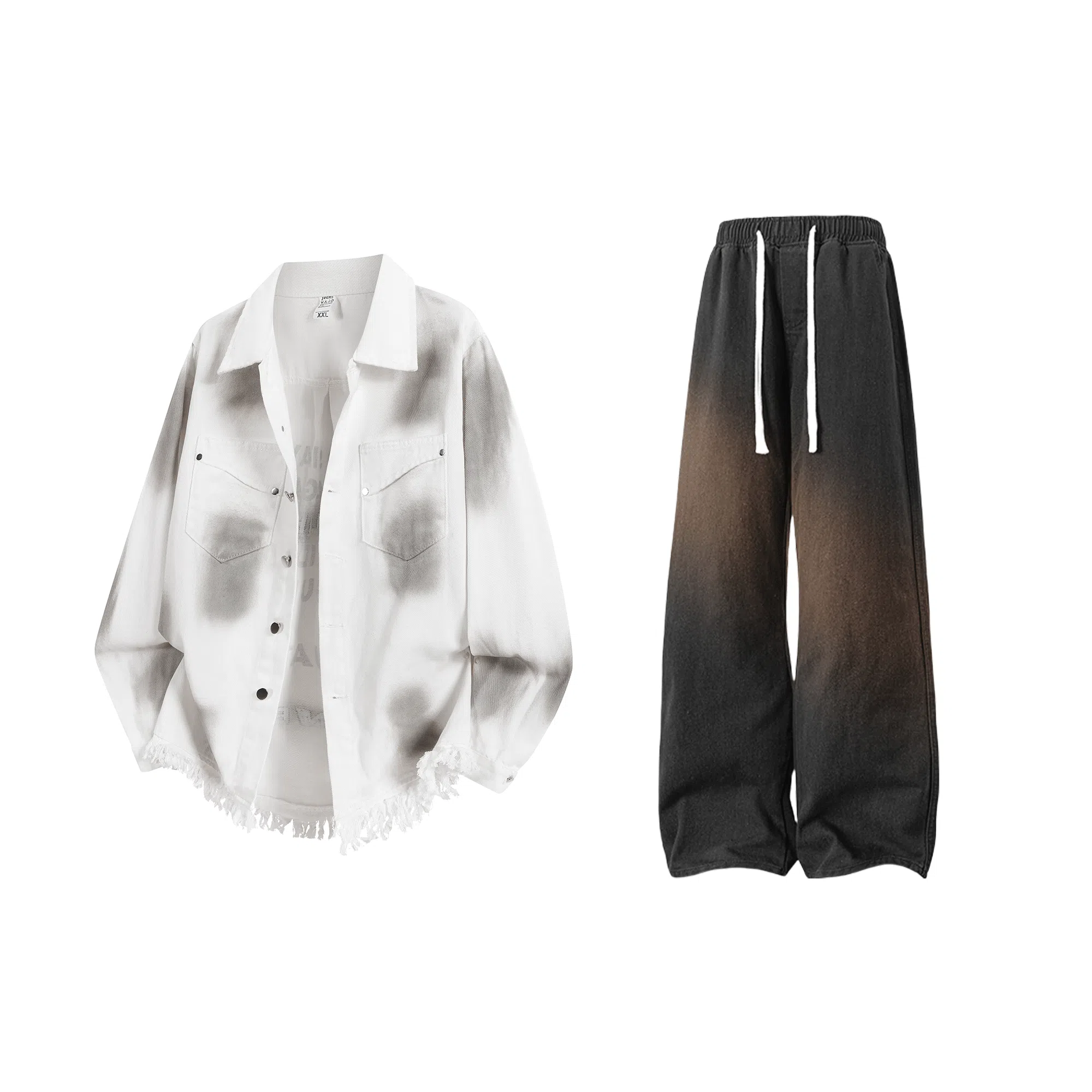 【扎染脏脏牛仔外套裤子一套】布客行 港风潮流别背面字母印花高街大码百搭抽绳水洗做旧阔腿舒适长裤休闲运动套装 男女同款