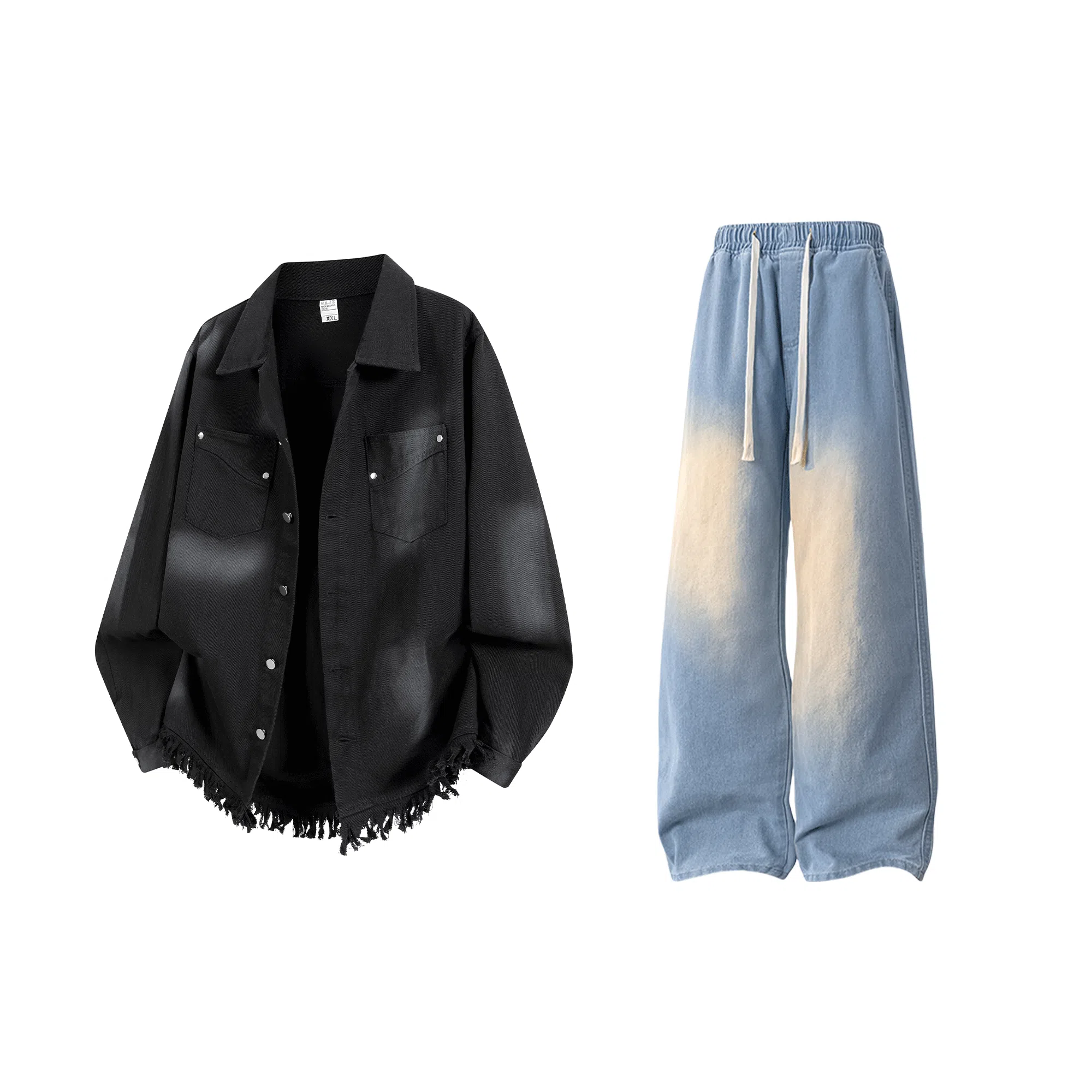 【扎染脏脏牛仔外套裤子一套】布客行 港风潮流别背面字母印花高街大码百搭抽绳水洗做旧阔腿舒适长裤休闲运动套装 男女同款