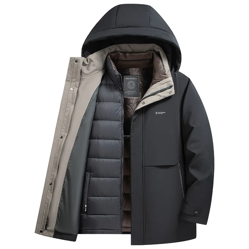 鸭鸭 三合一系列 中老年纯色商务休闲可拆卸帽短款户外防风保暖厚款羽绒服外套 男