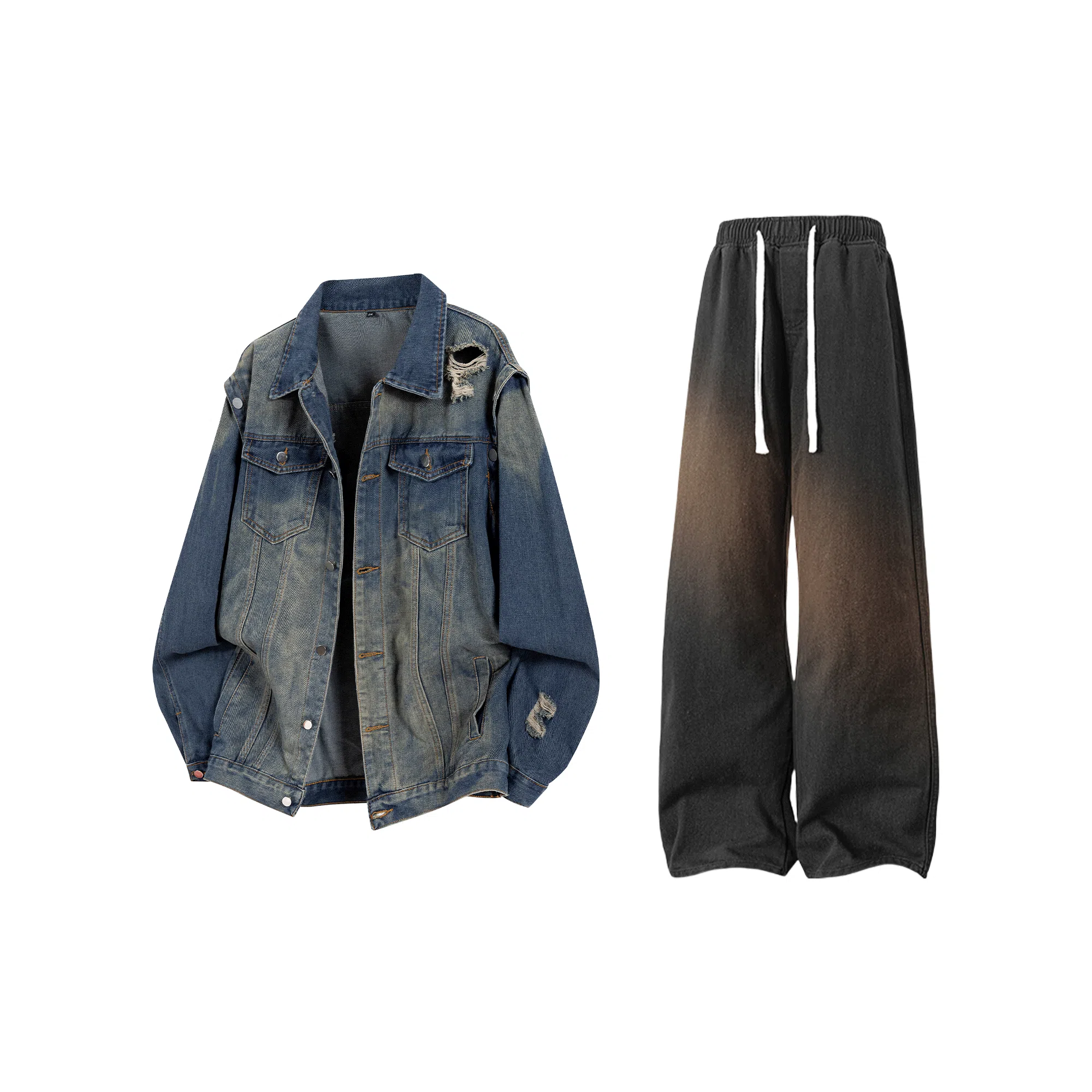 【废土风破洞牛仔外套裤子一套】布客行 美式潮牌水洗做旧高街痞帅长袖通勤抽绳宽松阔腿简约百搭长裤休闲运动套装 男女同款
