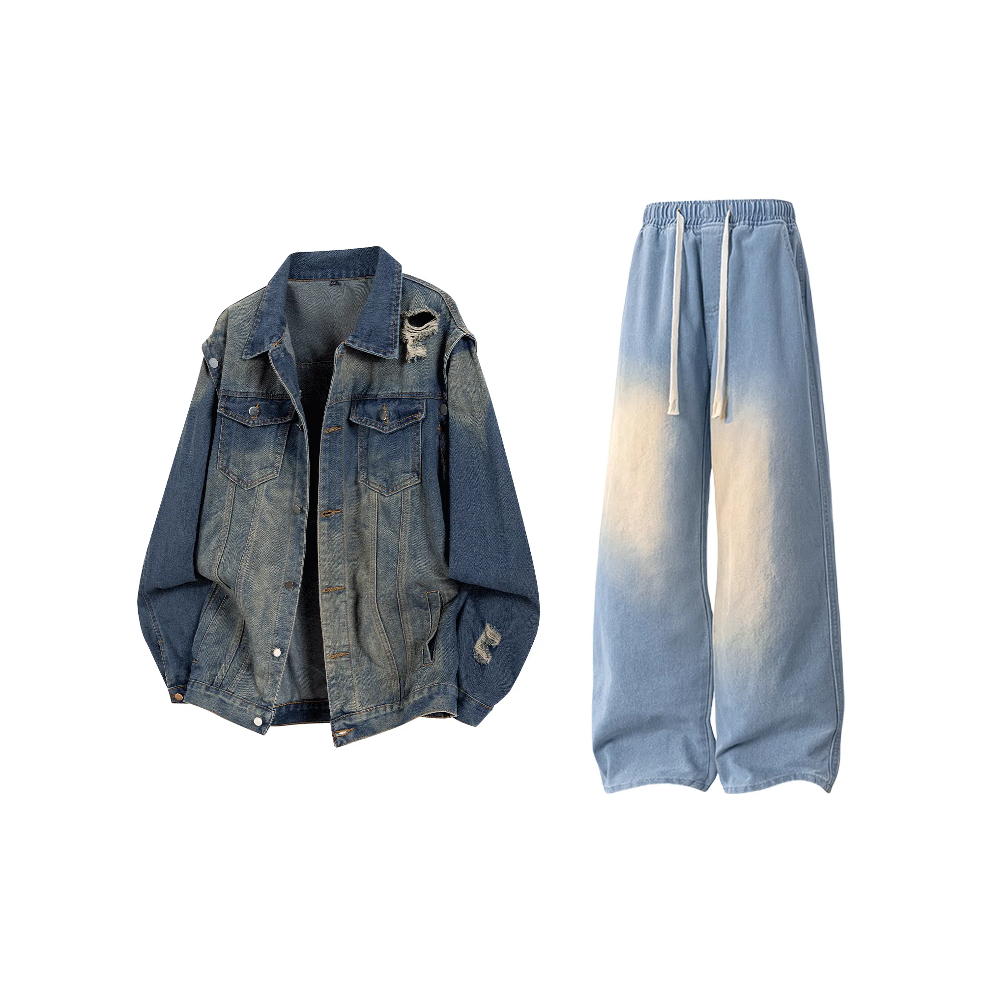 【废土风破洞牛仔外套裤子一套】布客行 美式潮牌水洗做旧高街痞帅长袖通勤抽绳宽松阔腿简约百搭长裤休闲运动套装 男女同款