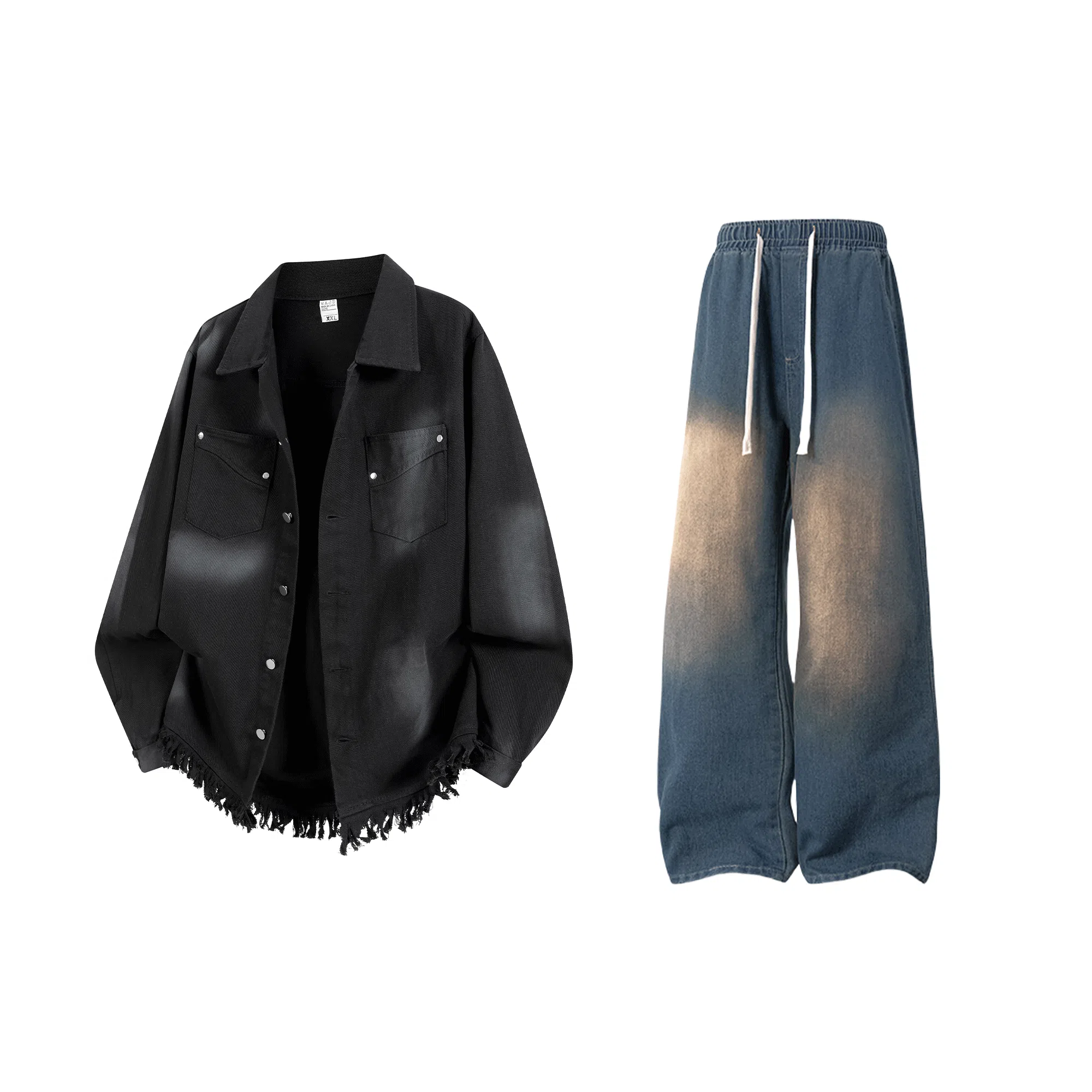 【扎染脏脏牛仔外套裤子一套】布客行 港风潮流别背面字母印花高街大码百搭抽绳水洗做旧阔腿舒适长裤休闲运动套装 男女同款