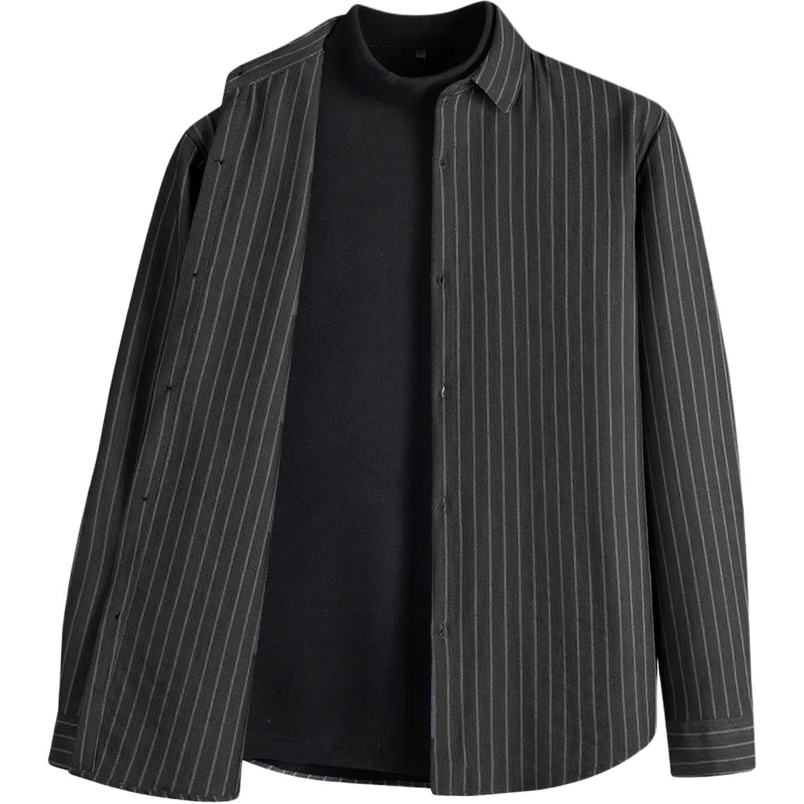 红豆 保暖加绒加厚假两件翻领休闲衬衣竖条纹亲肤舒适长袖上衣衬衫 男款