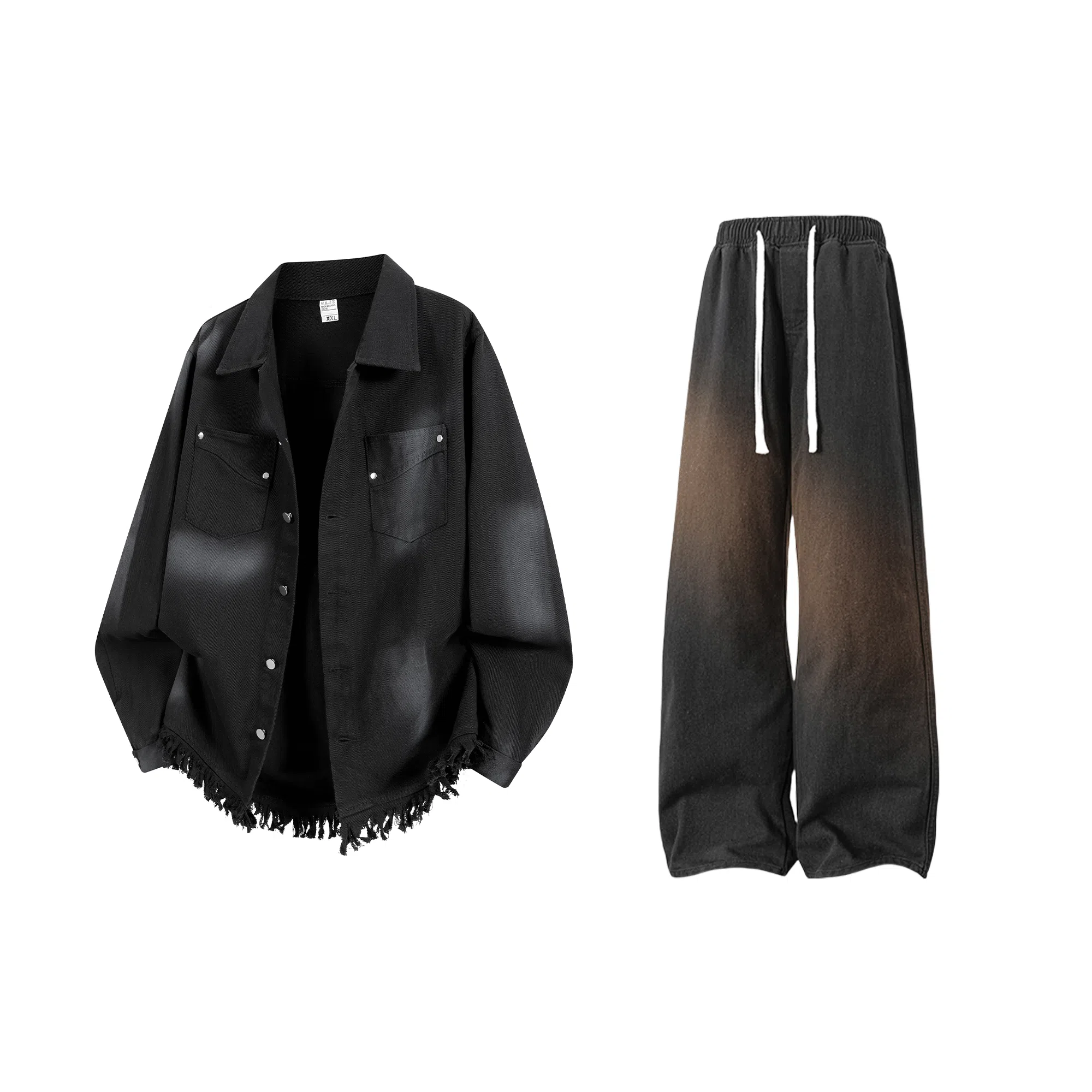 【扎染脏脏牛仔外套裤子一套】布客行 港风潮流别背面字母印花高街大码百搭抽绳水洗做旧阔腿舒适长裤休闲运动套装 男女同款