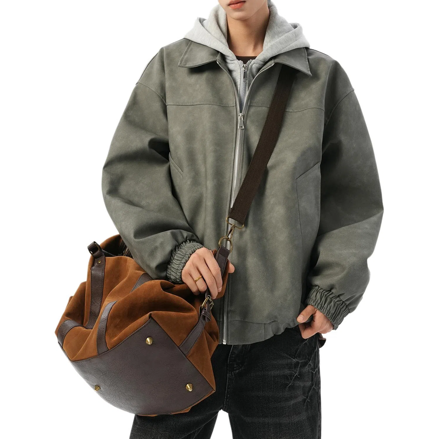 美式复古高街情侣大码假两件皮夹克时尚休闲百搭宽松连帽外套工装飞行员机车皮衣 男女同款