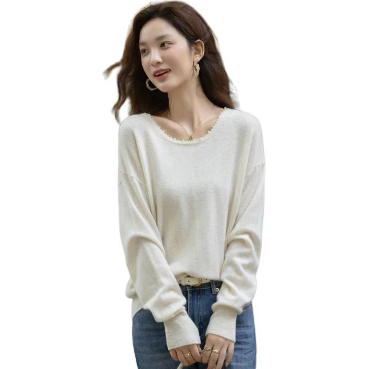 【dme】 手工钉珠圆领简约时尚百搭优雅气质长袖针织衫 女款