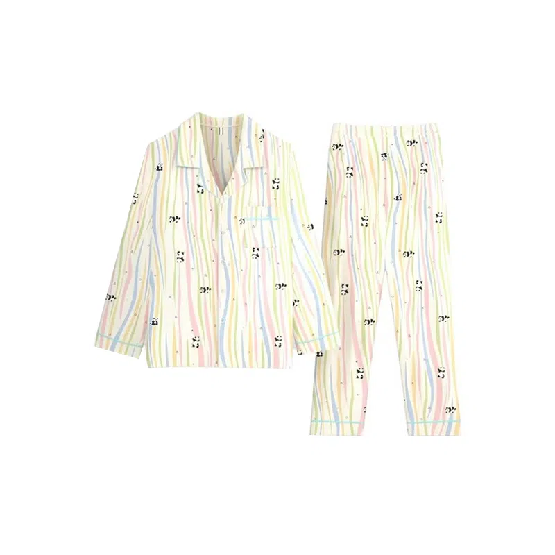 静英鸾 家居休闲舒适简约风格条纹长袖开衫服睡衣套装 女款