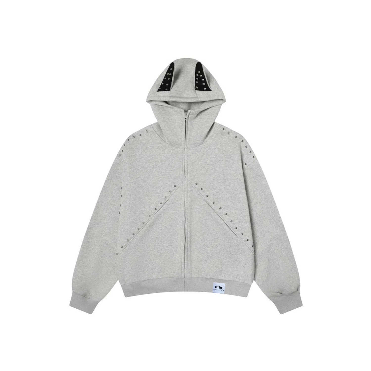 【dme】 复古美式重磅拼接铆钉杜宾耳朵连帽中性情侣外套秋款时尚休闲宽松开衫卫衣 男女同款