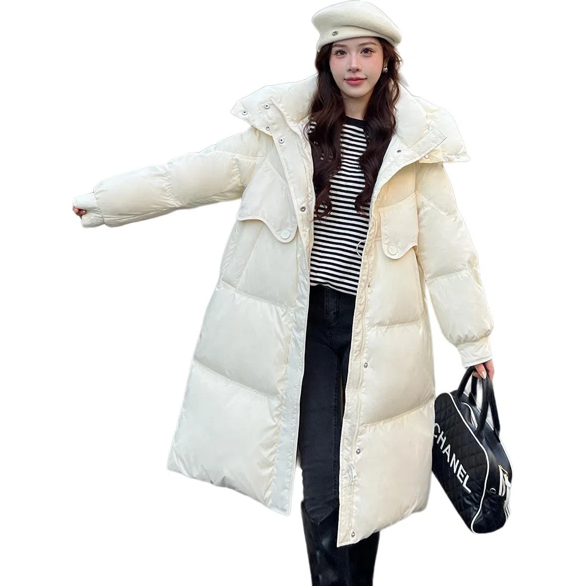 鸭鸭 鸭绒简约时尚通勤保暖蓬松纯色舒适休闲连帽中长款外套羽绒服 女款