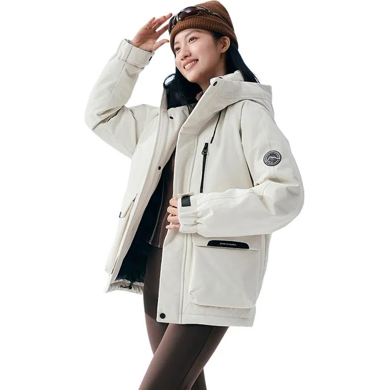 鸭鸭 户外工装系列 连帽保暖休闲防风情侣纯色徽章时尚羽绒服 男女同款