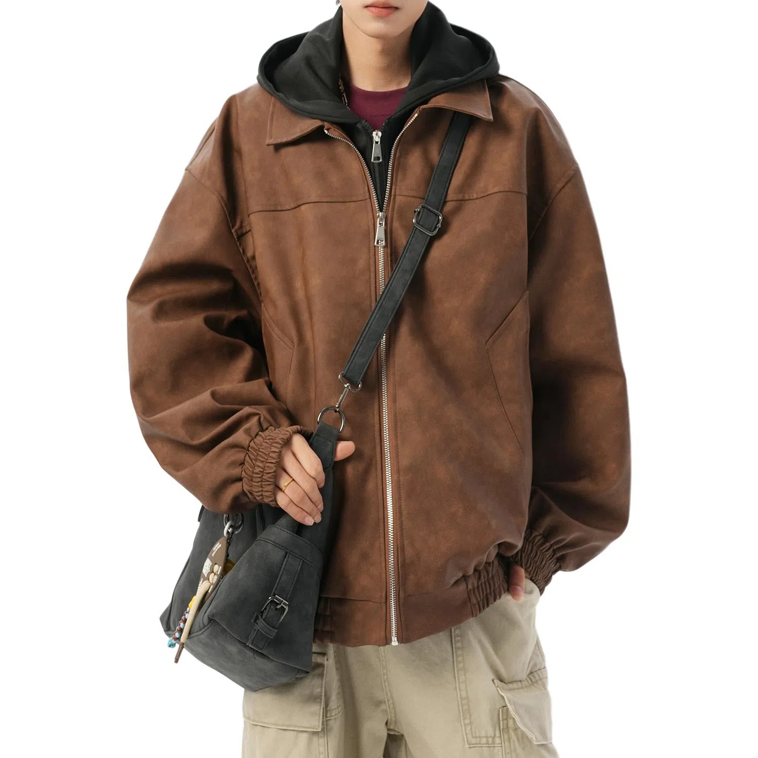 美式复古高街情侣大码假两件皮夹克时尚休闲百搭宽松连帽外套工装飞行员机车皮衣 男女同款