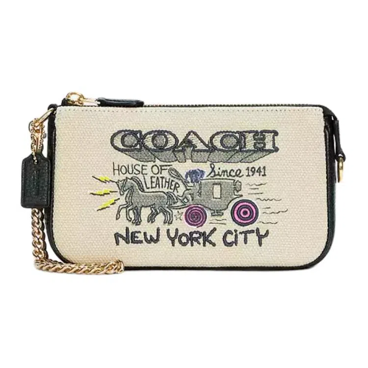 COACH Wristlet 19 Canvas Leather Mahjong Bag White