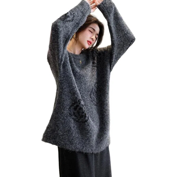 【dme】 秋季亮片玫瑰花线衫圆领长袖落肩宽松气质上衣舒适时尚柔软美式复古针织衫 女款