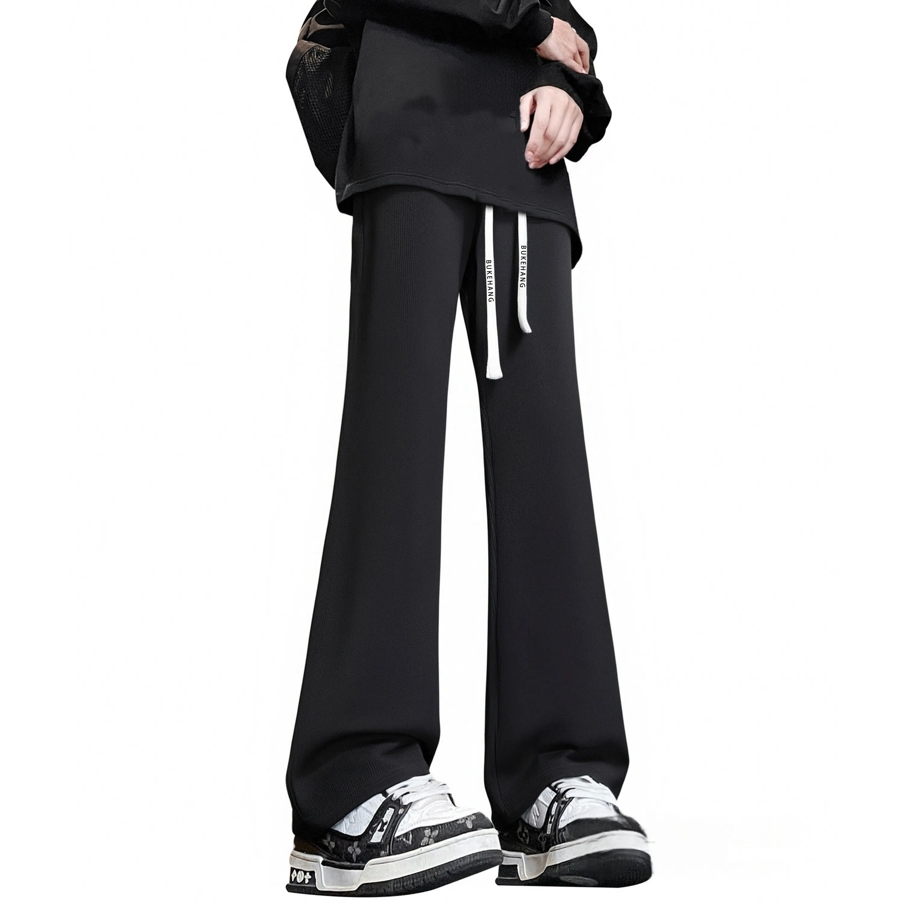 【微喇垂感显高显瘦】布客行 美式复古高街系带基础款修身简约卫裤直筒针织运动裤长裤百搭柔软舒适弯刀弹力松紧腰休闲裤 男女同款