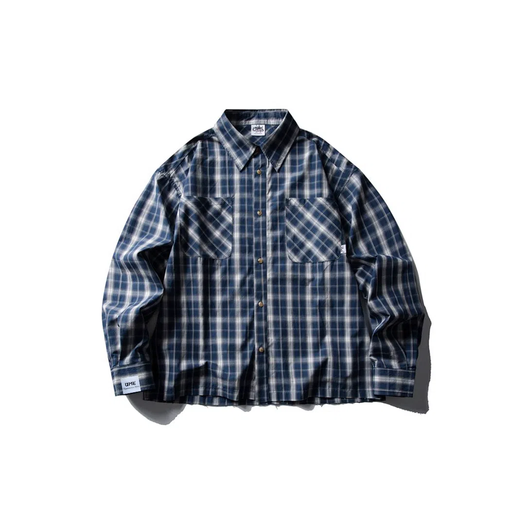 【dme】 简约日系复古撞色长袖格子衬衣男春秋潮牌设计感毛边格纹宽松情侣舒适百搭休闲多口袋衬衫 男女同款