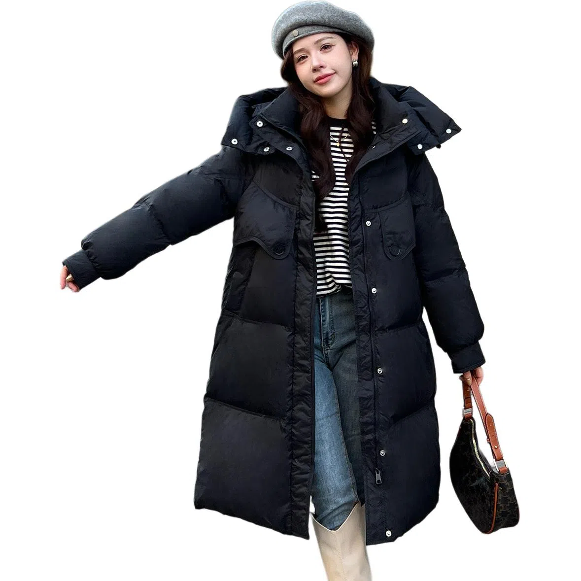 鸭鸭 鸭绒简约时尚通勤保暖蓬松纯色舒适休闲连帽中长款外套羽绒服 女款