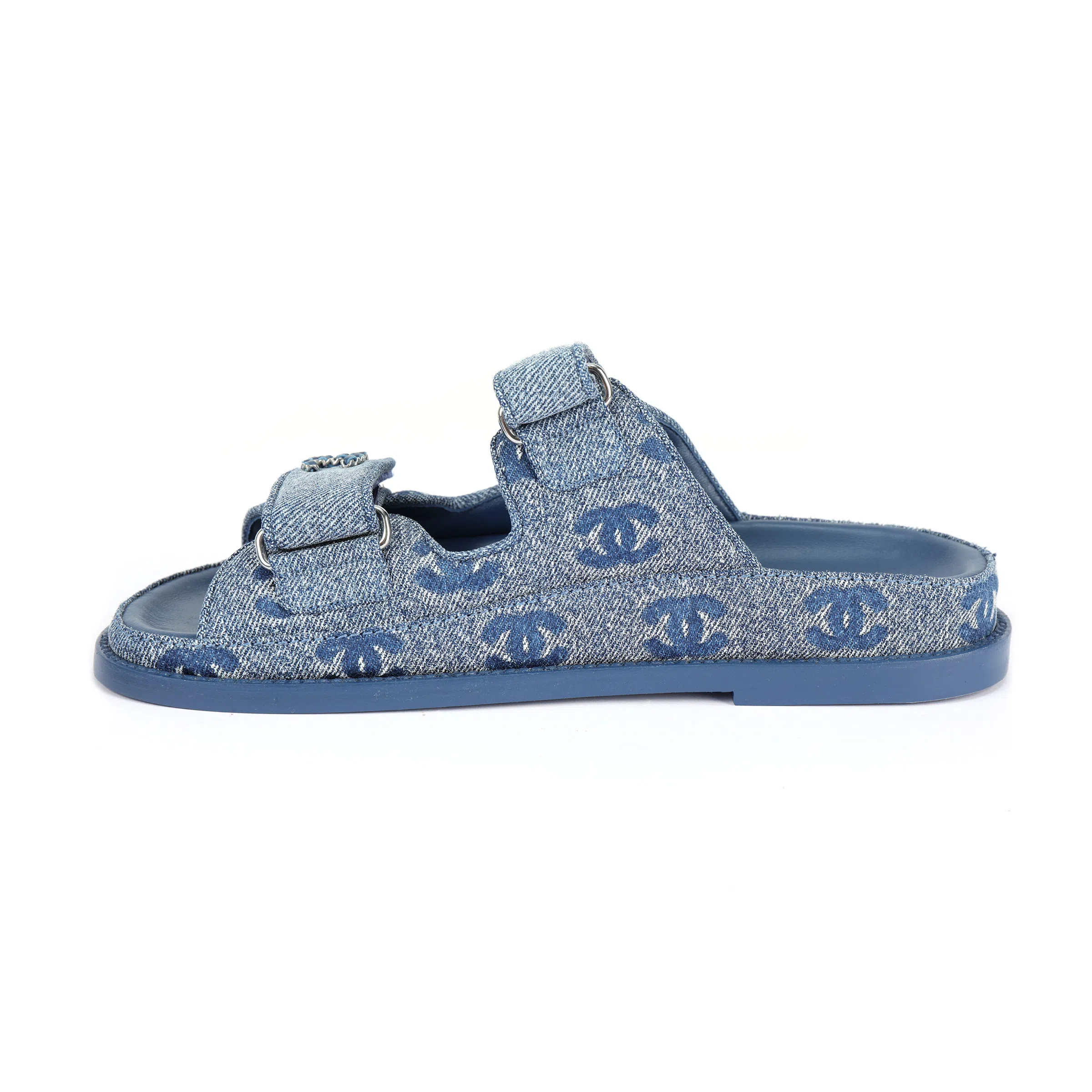 CHANEL Miel Denim Flat Sandals Blue