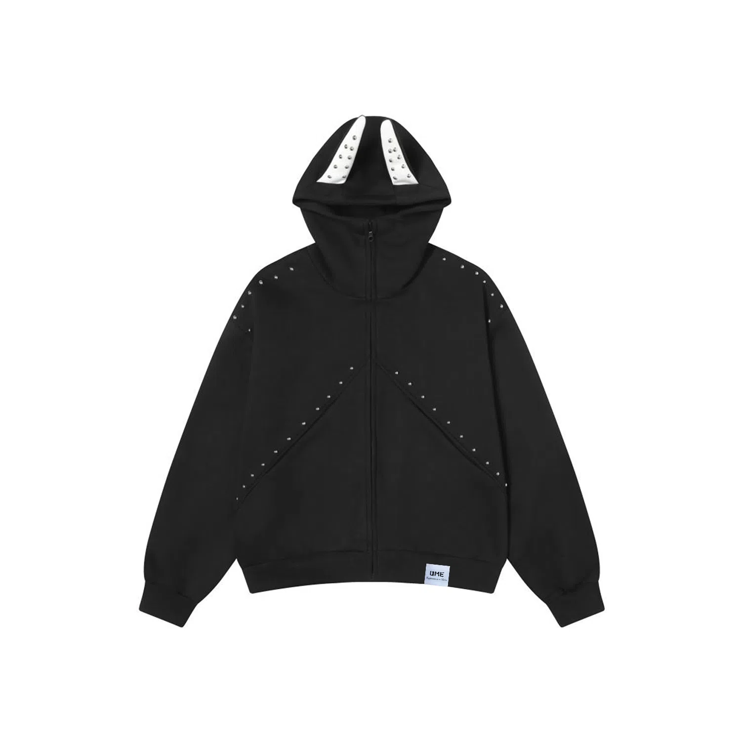 【dme】 复古美式重磅拼接铆钉杜宾耳朵连帽中性情侣外套秋款时尚休闲宽松开衫卫衣 男女同款