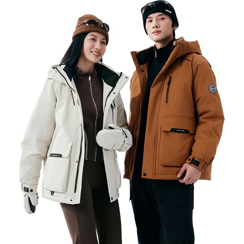 鸭鸭 户外工装系列 连帽保暖休闲防风情侣纯色徽章时尚羽绒服 男女同款