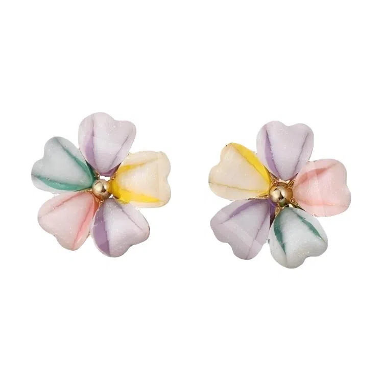 彤彤兔 森系小清新彩色花朵耳环女时尚气质五彩花瓣耳饰品 树脂 耳钉 女款