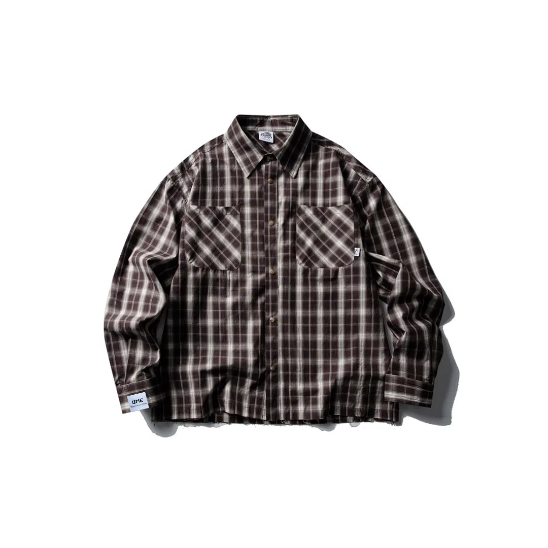 【dme】 简约日系复古撞色长袖格子衬衣男春秋潮牌设计感毛边格纹宽松情侣舒适百搭休闲多口袋衬衫 男女同款