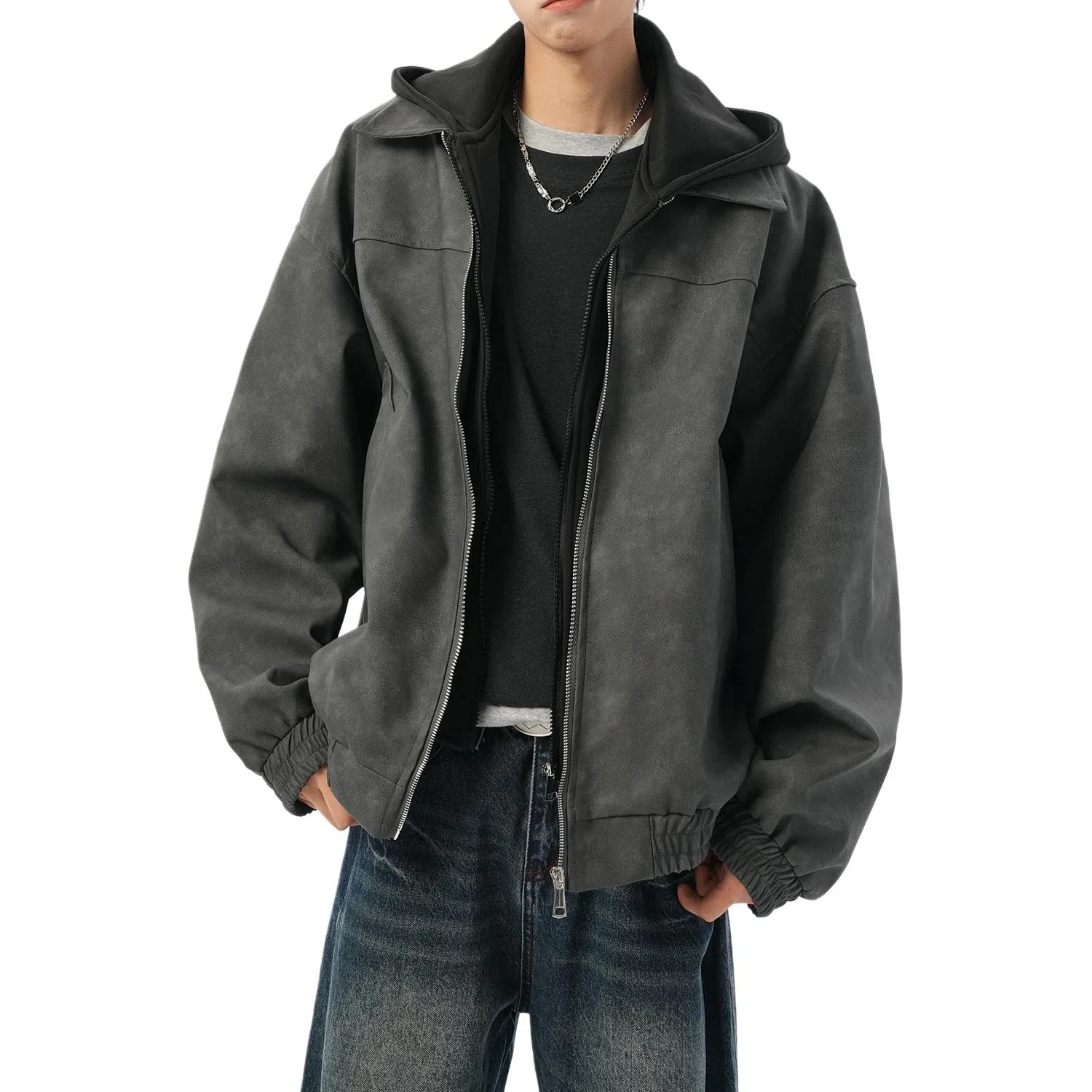 美式复古高街情侣大码假两件皮夹克时尚休闲百搭宽松连帽外套工装飞行员机车皮衣 男女同款