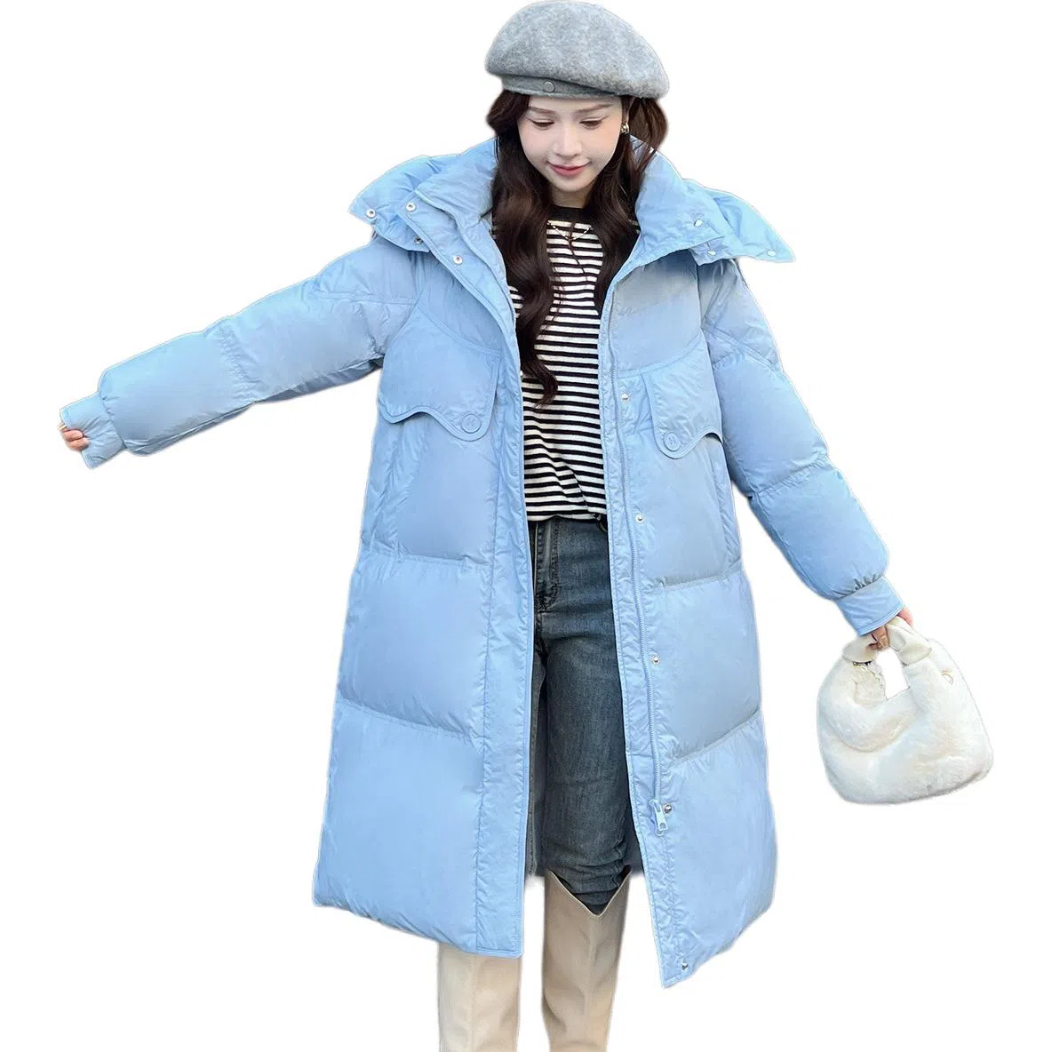 鸭鸭 鸭绒简约时尚通勤保暖蓬松纯色舒适休闲连帽中长款外套羽绒服 女款