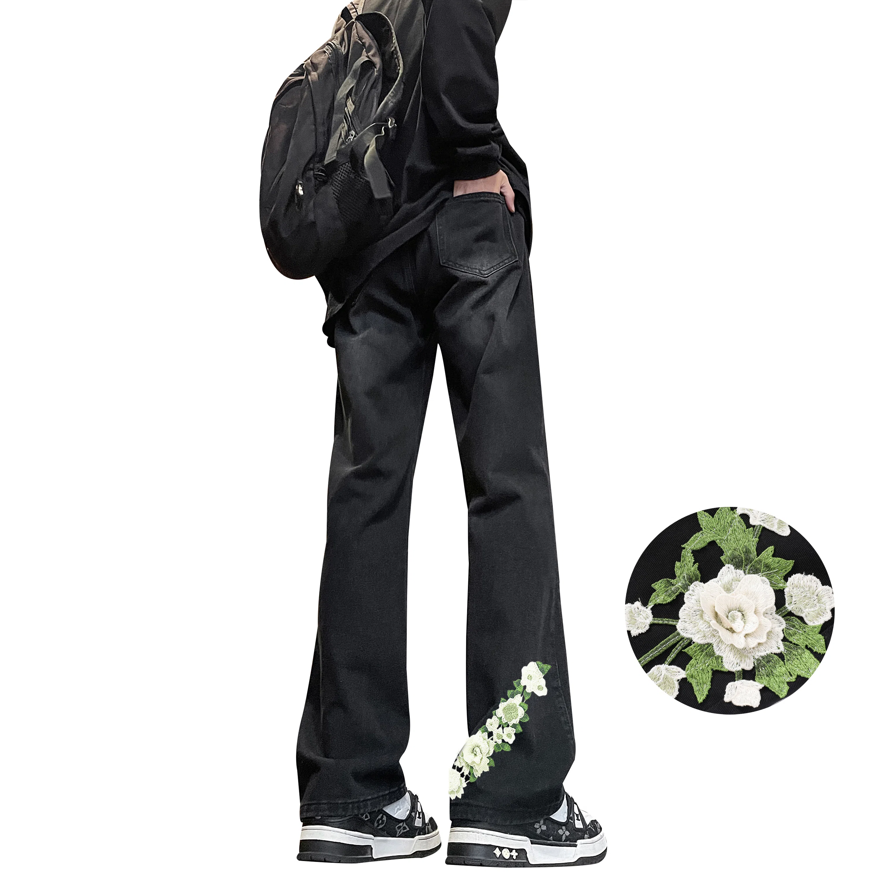 【万针刺绣3D立体浮雕】布客行 显腿长显高显瘦重工美式复古水洗直筒花卉透气高街舒适亲肤休闲百搭微喇长裤文艺风基础款牛仔裤 男女同款