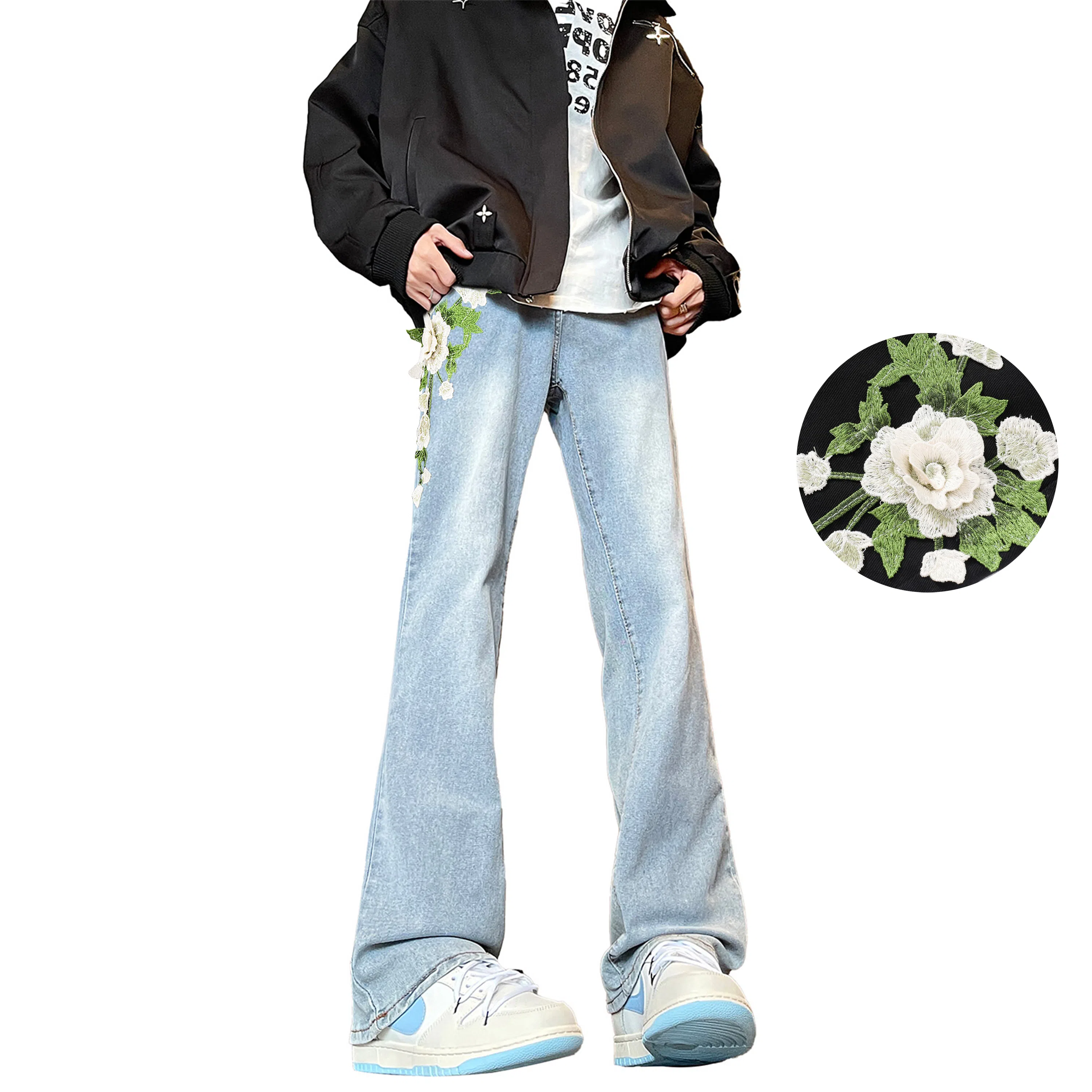 【万针刺绣3D立体浮雕】布客行 显腿长显高显瘦重工美式复古水洗直筒基础款文艺风花卉透气高街舒适亲肤休闲百搭微喇长裤牛仔裤 男女同款