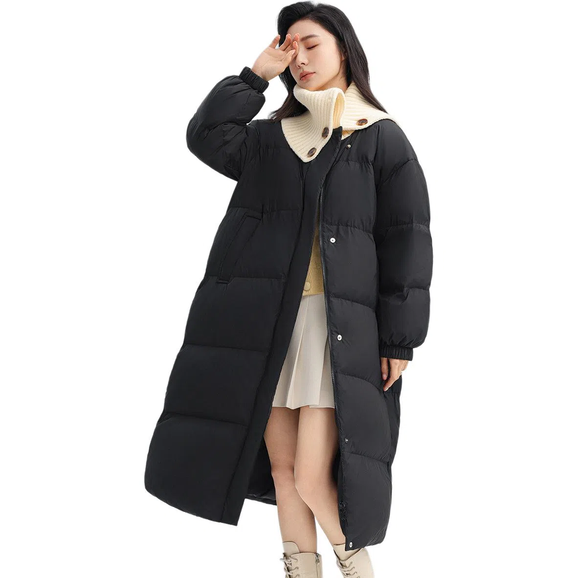 鸭鸭 长款针织拼接翻领通勤洋气保暖舒适冬装外套上衣羽绒服 女款